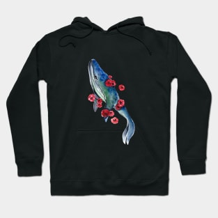 Watercolor whale and red flowers Hoodie